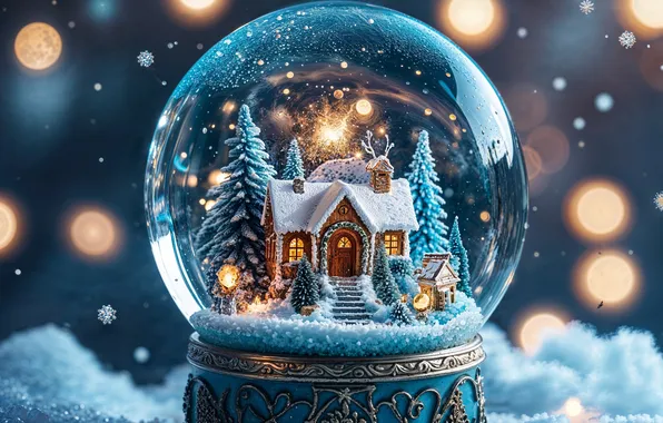 Winter, frost, roof, forest, snow, snowflakes, lights, transparent