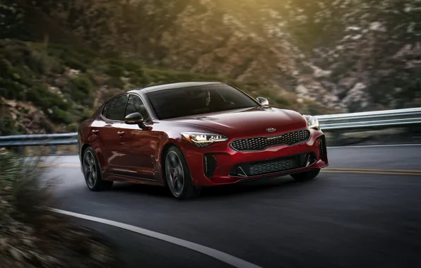 Picture red, KIA, Kia, on the road, the five-door, Stinger, Stinger GT, fastback