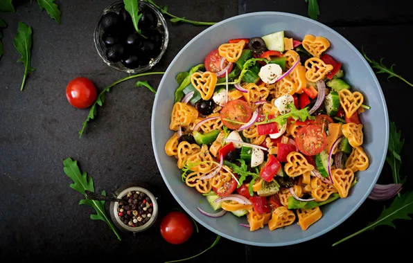 Cheese, pepper, tomatoes, olives, Pasta
