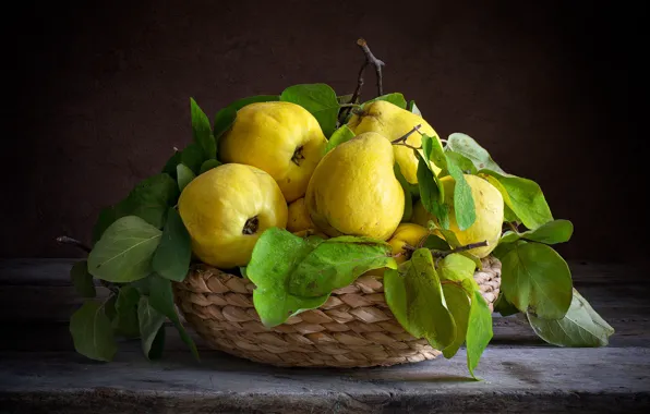 Leaves, the dark background, table, still life, basket, items, composition, quince
