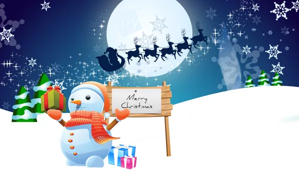 Picture snowman, sleigh, tree, graphics, holiday, gifts, winter, snowflakes