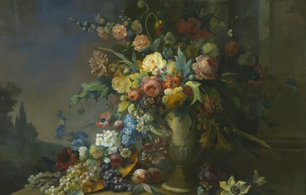 Flowers, roses, bouquet, grapes, vase, peaches, mallow