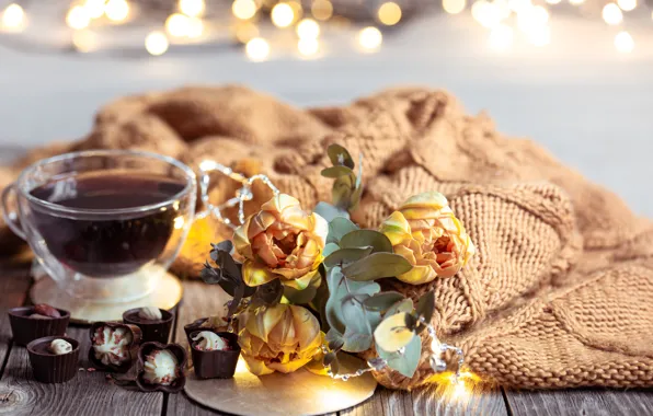 Picture leaves, light, flowers, yellow, lights, comfort, tea, Board