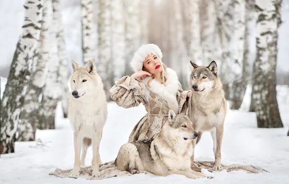 Winter, forest, white, look, girl, snow, nature, pose