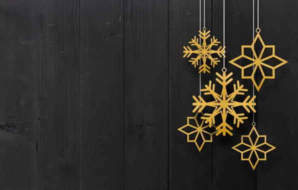 Picture winter, snowflakes, golden, black background, black, Christmas, winter, background