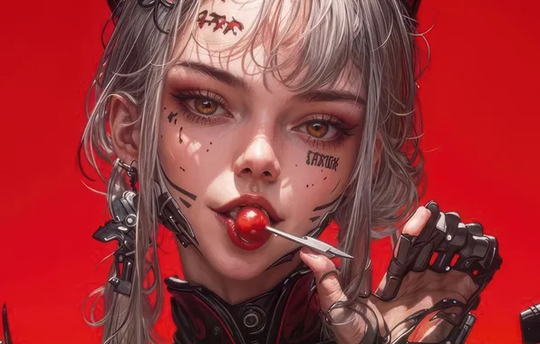 Girl, Anime, Lollipop, Red Background, Cyberpunk, Anime Girl, AI Art, AI Generated