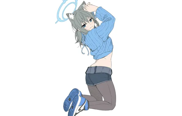 Girl, ass, shorts, legs, animal ears, anime, catgirl, blue eyes