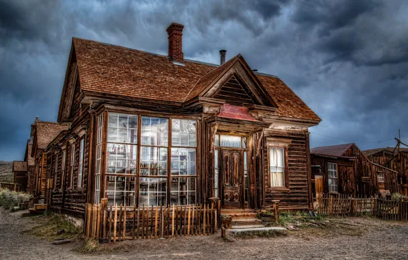 The sky, clouds, house, the fence, CA, USA, Ghost town, Ghost town