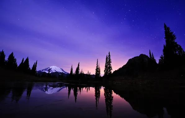 The sky, stars, night, lake, mountain