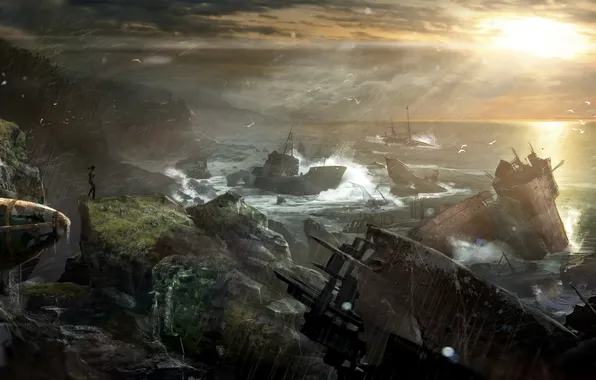 Girl, storm, rain, the ocean, ship, Tomb Raider