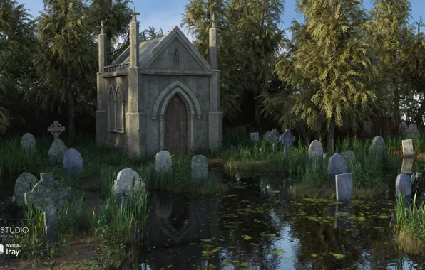 Trees, crosses, graves, temple, Flooded Cemetery