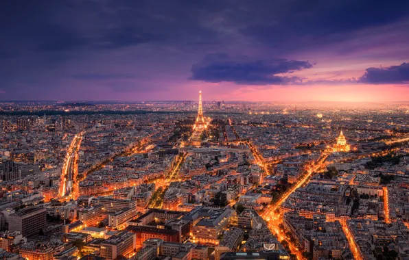 Picture the sky, clouds, light, the city, lights, France, Paris, the evening