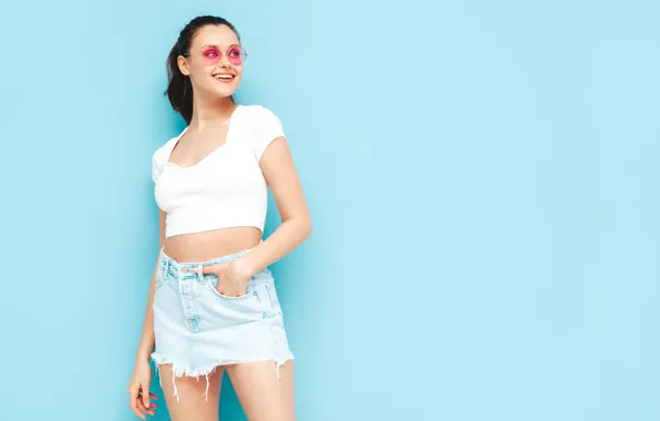 Picture girl, beauty, Denim, tank top, mini skirt, glamorous