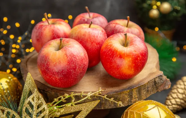 Balls, apples, star, lights, Christmas, red, New year, fruit