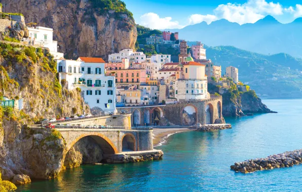 Sea, mountains, bridge, home, Italy, Amalfi, Atrani