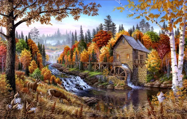 Autumn, trees, landscape, nature, river, art, deer, water mill