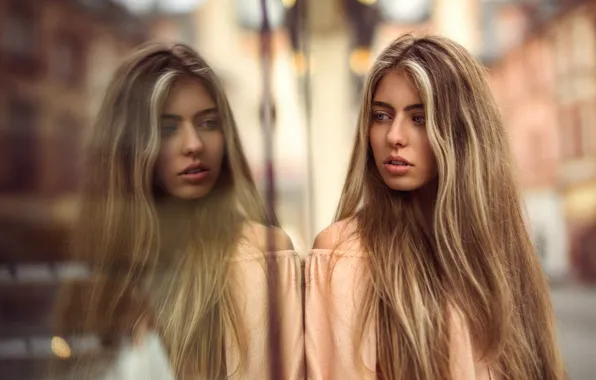 Reflection, model, blonde, bokeh, Sophie, Martin Kühn, Martin Kuhn