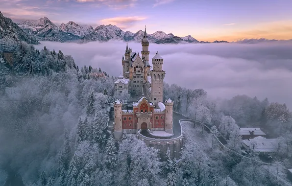 Picture winter, forest, mountains, fog, castle, Germany, Bayern, Germany