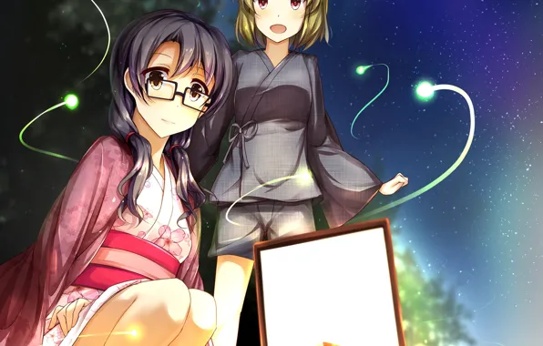 Night, fireflies, girls, boat