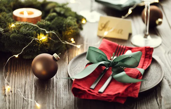 Balls, plate, Christmas, knife, New year, plug, needles, bow