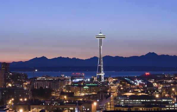 Mountains, tower, the evening, Seattle, Space Needle