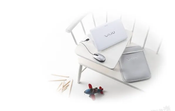 Bench, toy, mouse, white background, laptop, sony, vaio