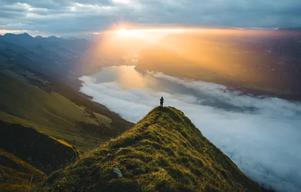 The sky, the sun, clouds, rays, light, mountains, fog, river