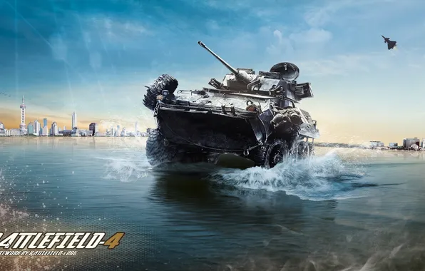 Picture sea, the city, war, tank, BTR, Battlefield 4
