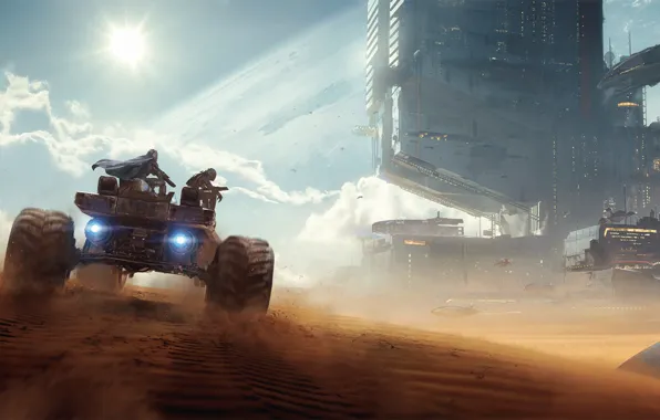 The city, fiction, transport, desert, tower, Rover, Bounty Hunters