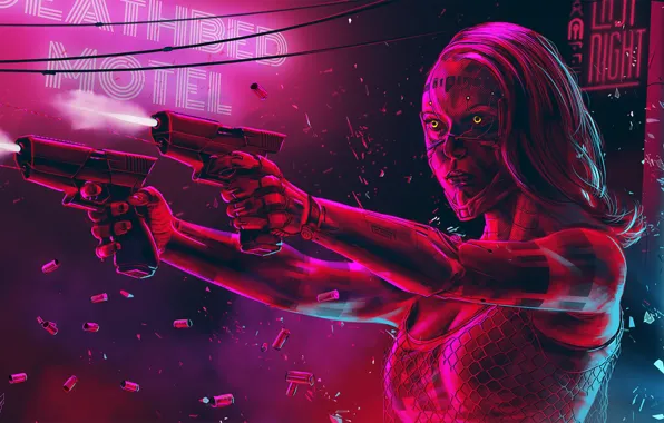 Girl, Figure, Neon, Sleeve, Fiction, Cyborg, Guns, Cyber