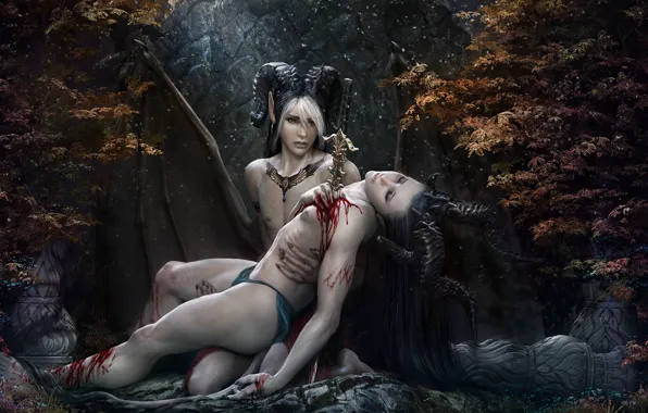Blood, fantasy, creatures, knife, horns, two, wound