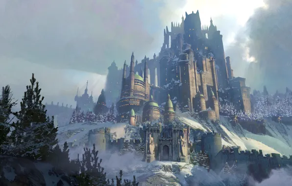 Forest, mountains, castle, fortress, wintercastle, frozen stronghold