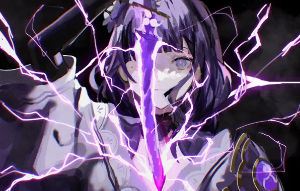 Girl, zipper, sword, fantasy, Genshin Impact, Raiden Shogun