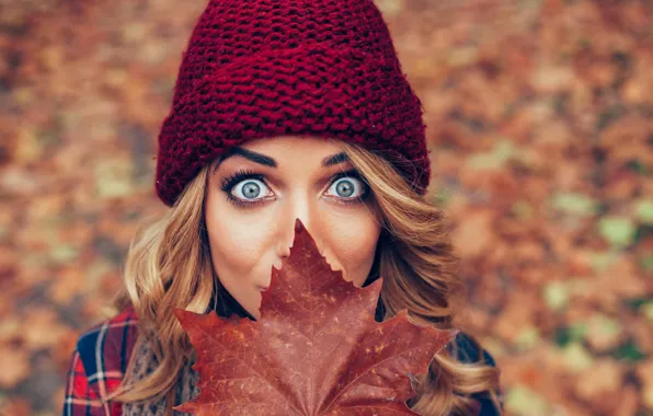 Picture autumn, eyes, leaves, face, model