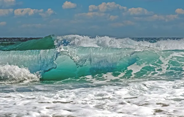 Sea, wave, water, clouds, wave, sea foam, blue sky