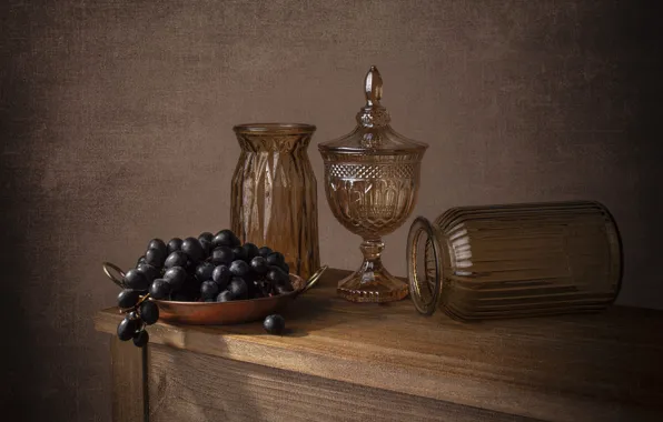 Glass, table, grapes, Bank, dishes, still life, vase, ramekin
