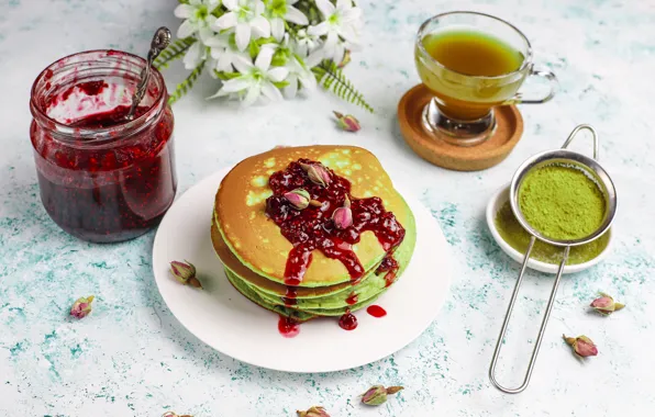 Flowers, tea, buds, jam, pancake