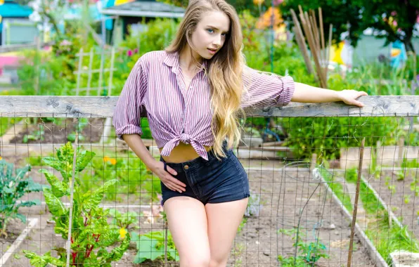 Picture model, the fence, shorts, portrait, makeup, garden, figure, hairstyle