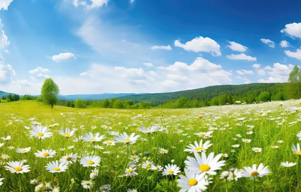 Picture field, the sun, flowers, chamomile, spring, meadow, sunshine, spring