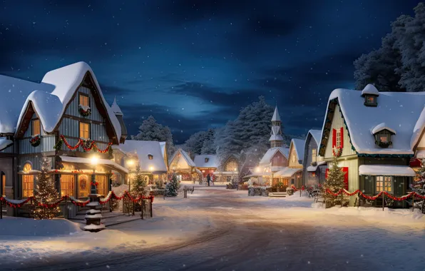 Winter, snow, decoration, night, the city, lights, street, tree