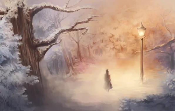 Picture winter, art, girl, lantern, Narnia, Narnia