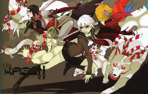 Katana, schoolgirl, white, red eyes, demons, white wolves, by shirano