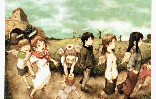 Field, children, watch, tower, wings, mill, friends, halo