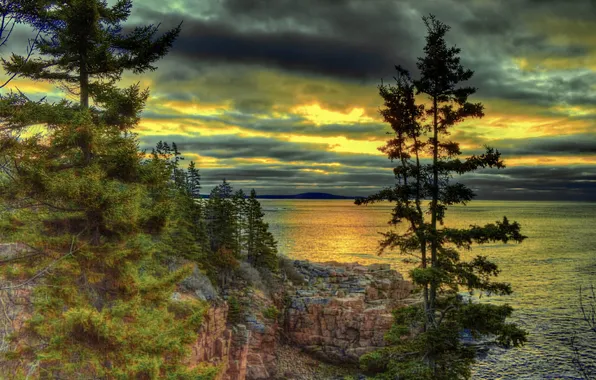 The sky, clouds, trees, mountains, clouds, lake, rocks, hdr