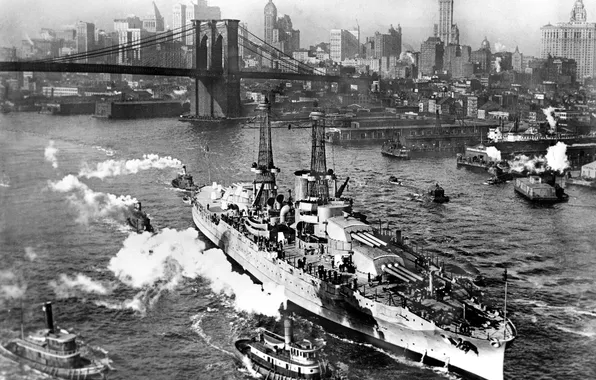 Photo, New York, black and white, Brooklyn bridge, American, support, tugs, ship of the line