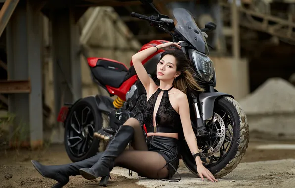 Look, girl, pose, shorts, boots, hands, motorcycle, legs