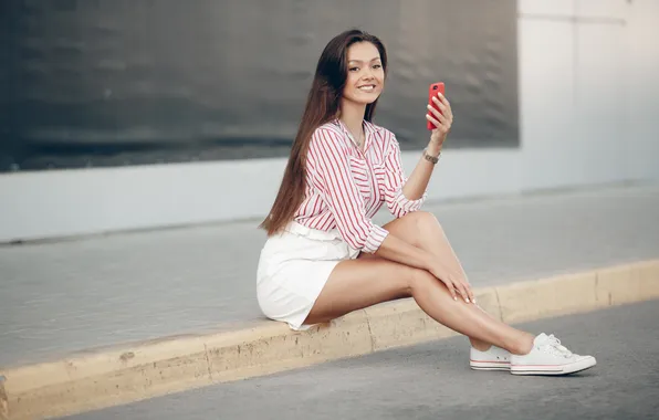 Girl, beautiful, model, skirt, long-haired, sneakers