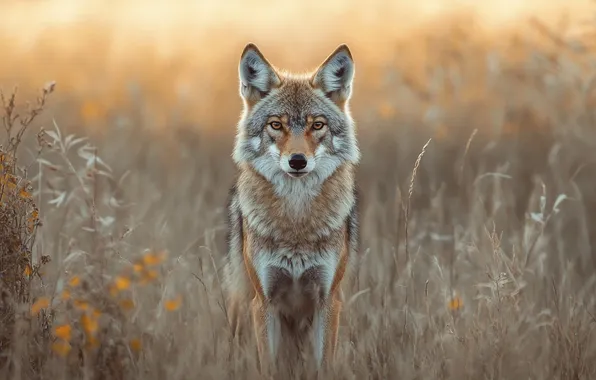 Field, grass, look, face, wolf, coyote, AI art, neural network