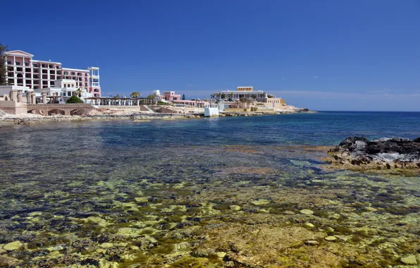 Sea, the sun, coast, building, horizon, blue sky, Malta