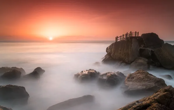 Picture sea, sunset, fog, shore